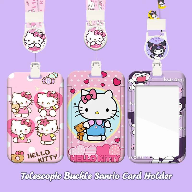 Sanrio Hello Kitty Photo Card Holder Kawaii Kuromi Telescopic Easy-Pull Buckle Card Sleeves Pendant Meal Card Bus Card Cover