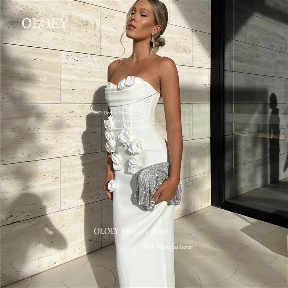 

OLOEY Elegant White Strapless Evening Dresses 3d Flowers Women Wedding Party Dress Prom Gowns Sleeveless Ankle Length Zip Custom