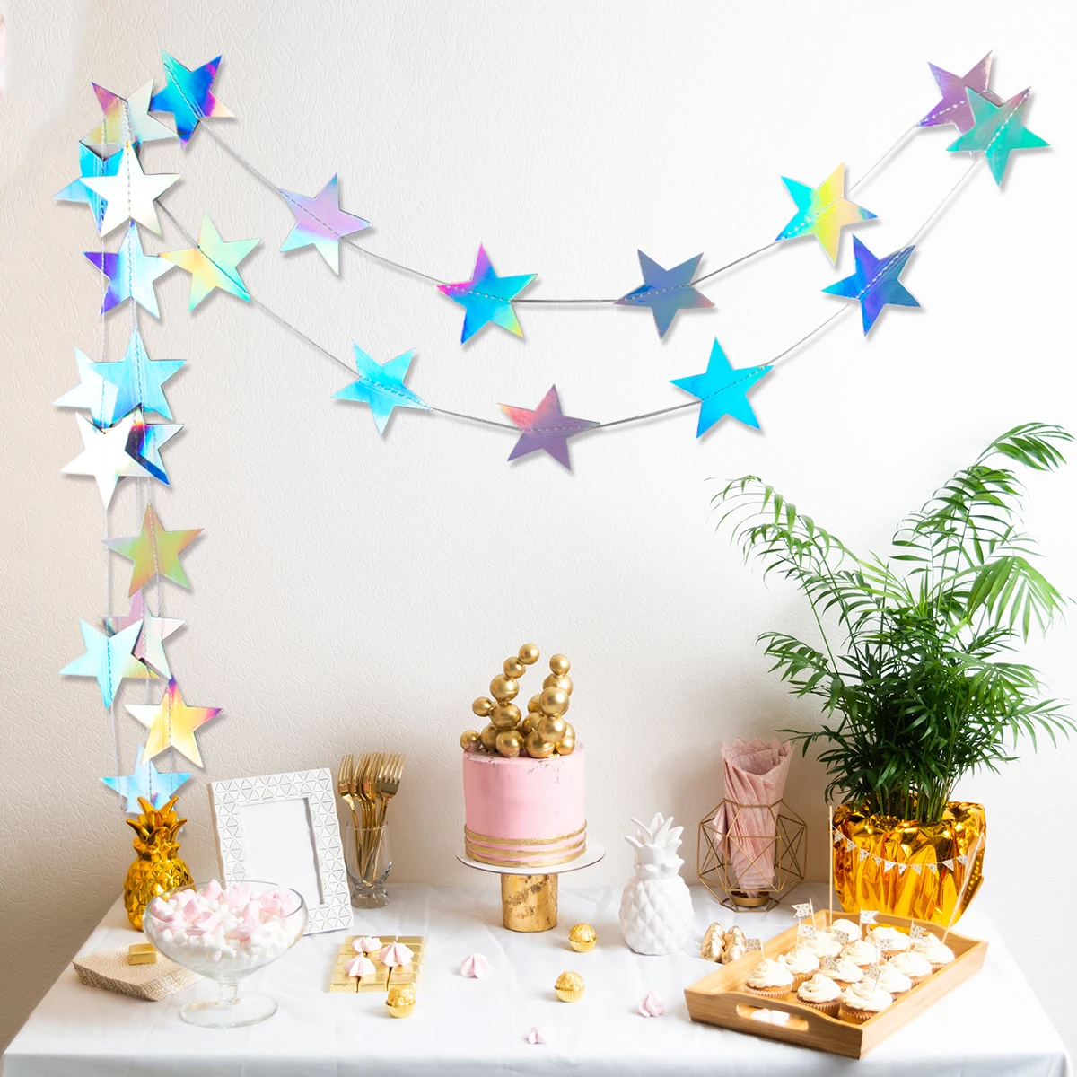 4M Glitter Iridescent Laser Star Moon Garlands Holographic Euphoria Party Decoration Backdrop Hanging for Birthday Bacheloretter