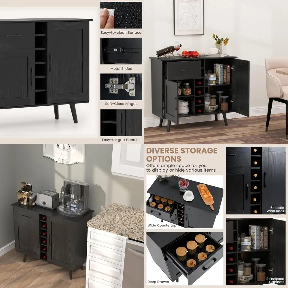 

Black 6-Bottle Wine Rack Sideboard with 2 Doors, 1 Drawer, Adjustable Shelves for Kitchen or Living Room Storage