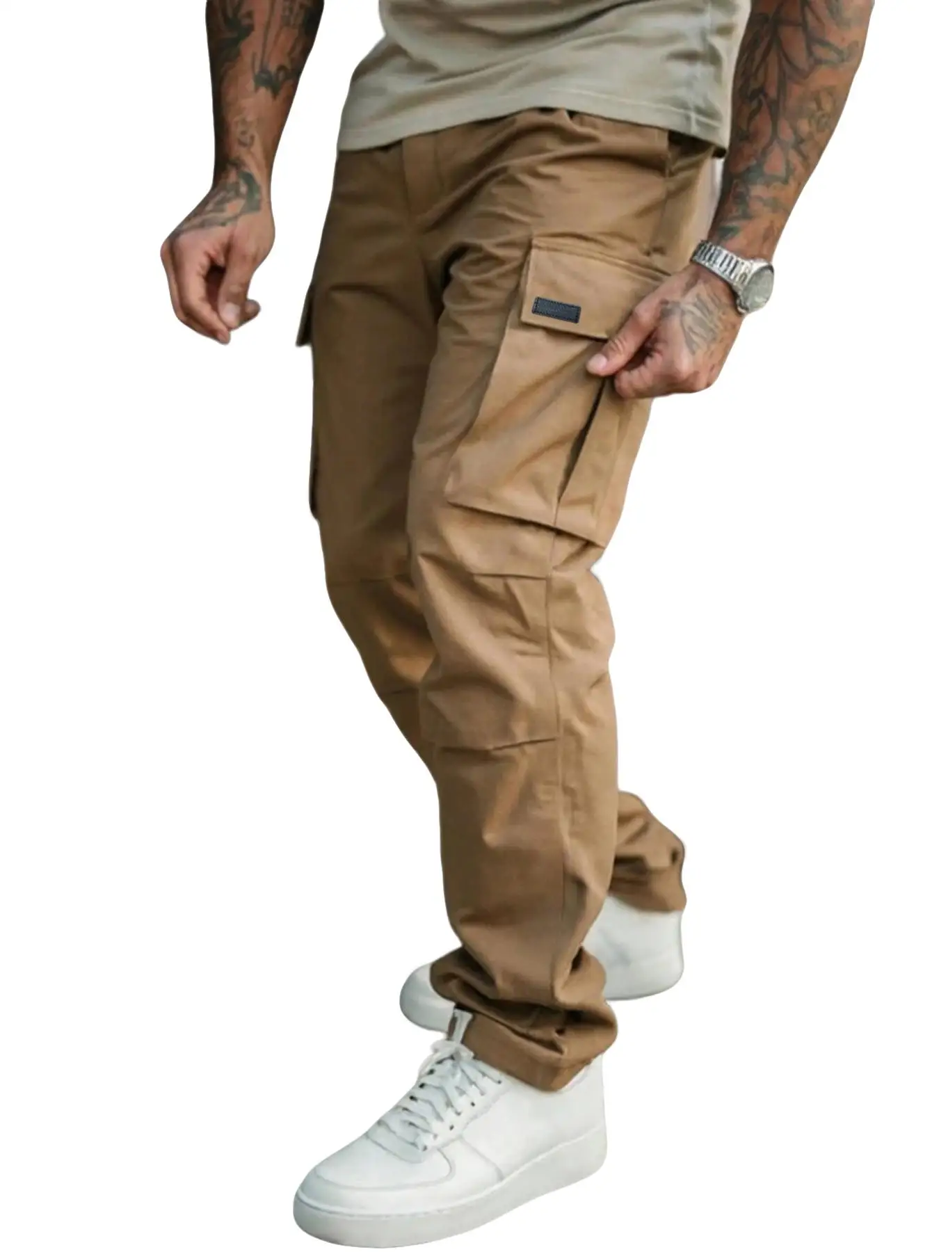 Herren Einfarbige Cargohose Regular Fit Lässige Gerade Hose mit Pattentaschen und Kordelzug für den Alltag – Detail 18