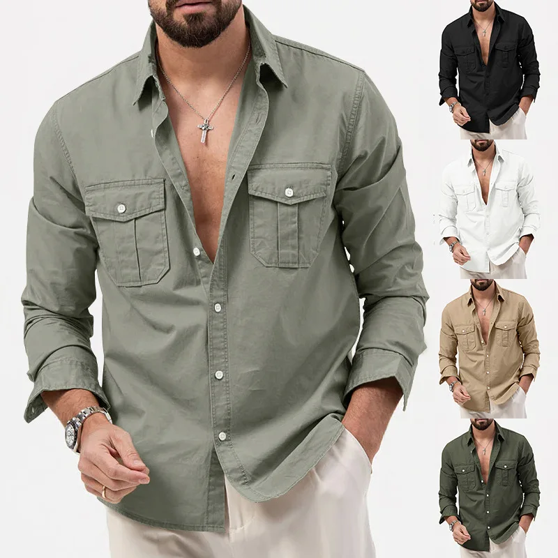 Casual long sleeved 2024 new European and American men's shirt with multiple pockets for men