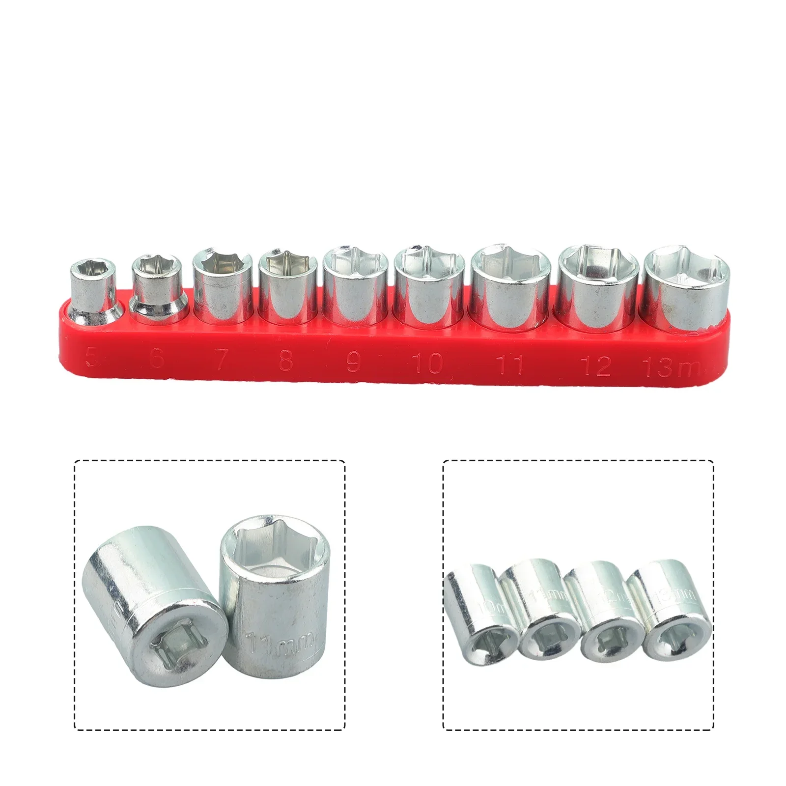 9pcs Hex Bit Metric Socket Wrench Head Nut Set With Red Base Power Drill Hand Removal Tools 1/4 Inch Drive 5-13mm