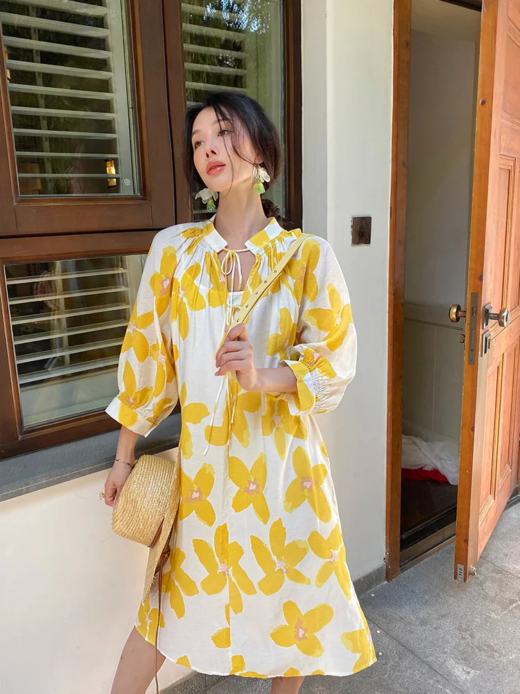 Khalee Yose Boho Floral Chic Midi Dress allentato cotone scollo a v giallo Casual manica lunga vacanza abiti da donna Sexy abiti da donna