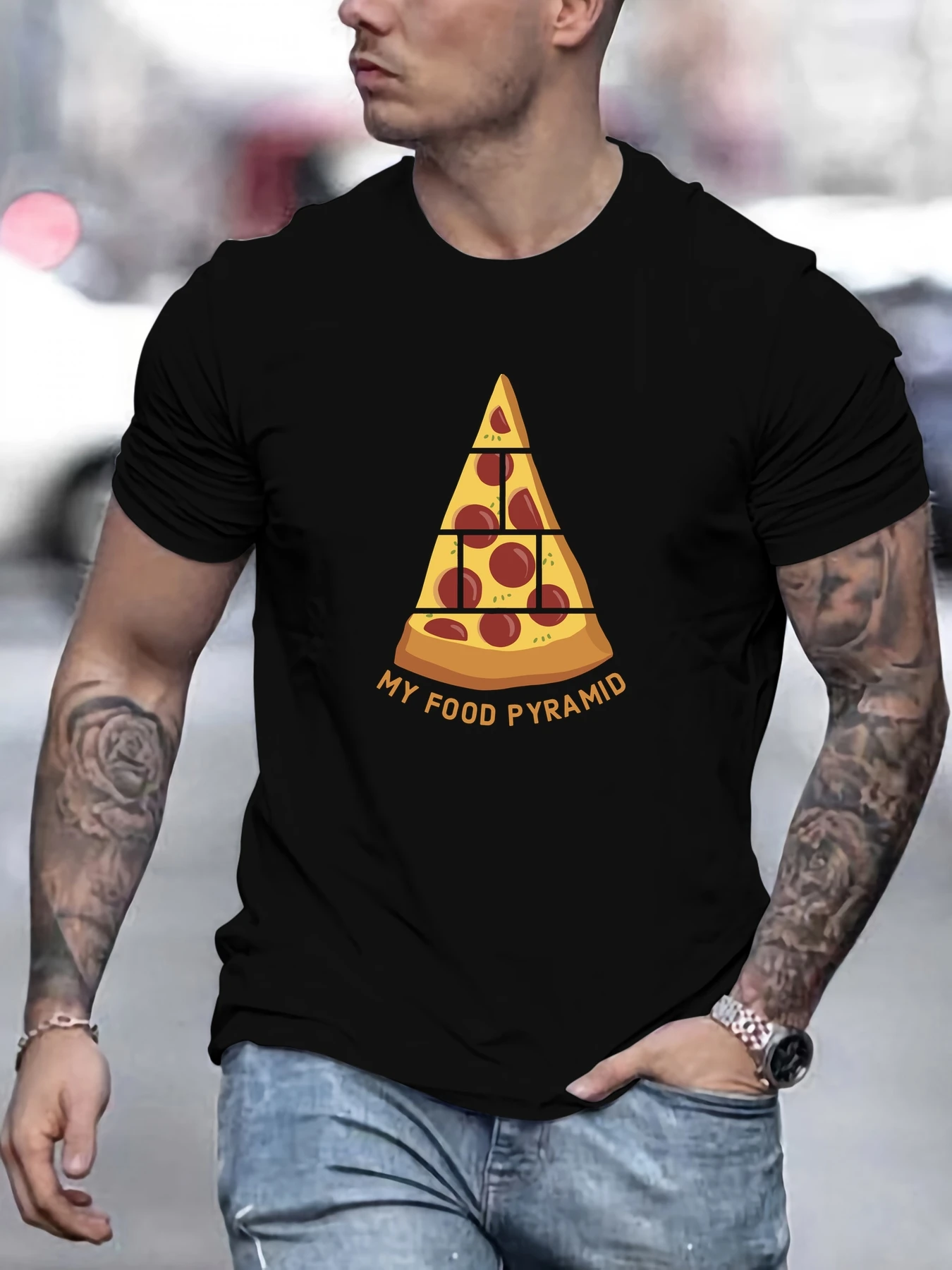 

Men's Pizza Food Pyramid Pattern Summer Casual Crew Neck Short T-Shirt