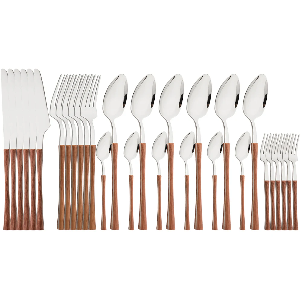 

Western 6/30Pcs Imitation Wood Handle Cutlery Knife Cake Fork Tea Spoon Flatware Set Brown Silver Stainless Steel Tableware Set