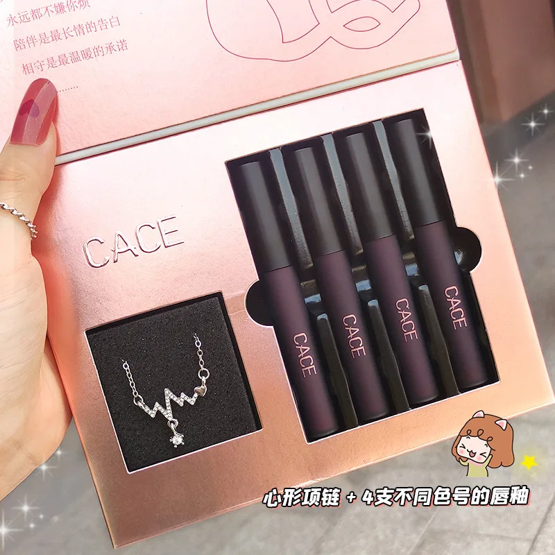 CACE 4 Pcs Liquid Lipstick Makeup Sets Matte Red Tint Lipgloss Long Lasting Waterproof Lip Stain Cosmetics With Necklace Gift