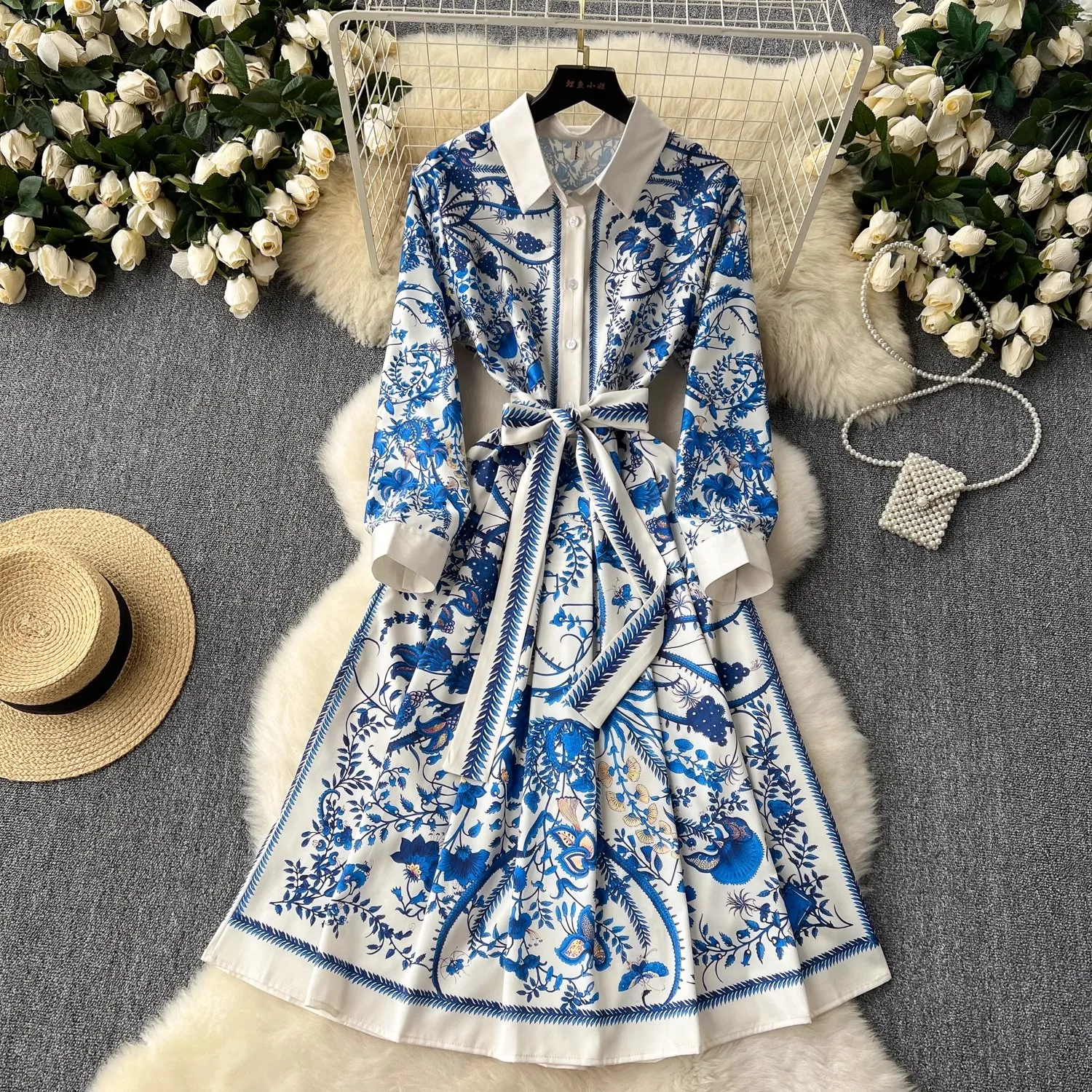 

Spring Summer Runway Blue Flower Print Shirt Dress Women's Turn Down Neck Long Sleeve Single Breasted Lace Up Midi Vestidos