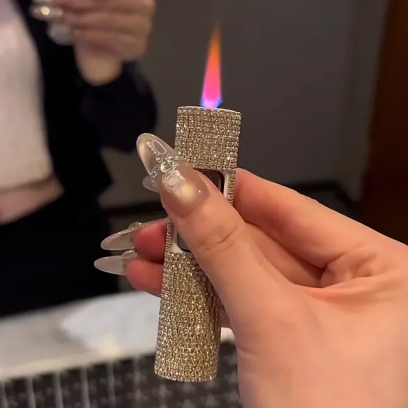 High End Crystal Studded Diamond Lighter with Windproof Red Flame Design Double-sided Press Lighter Women's Smoking Gift - Image 3