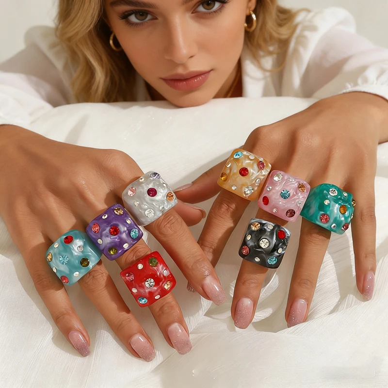 New Trendy Colorful Rhinestone Resin Finger Rings for Women Girls Sweet Chunky Irregular Geometric Rings Aesthetic Jewelry Gift