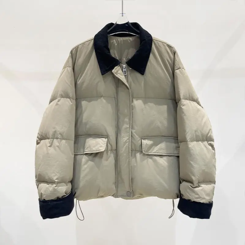 겨울 신상 여성 다운 재킷 통근용 배색 배색 칼라 화이트 덕다운 재킷