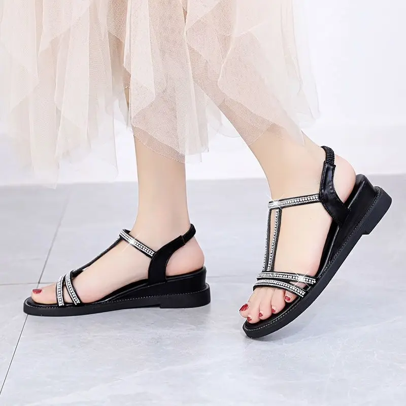 النساء Strappy صنادل عالية الكعب الصيف المفتوحة تو منصة حذاء بكعب ويدج تنفس سميكة القاع عادية Zapato Tacon Bajo Mujer 2022