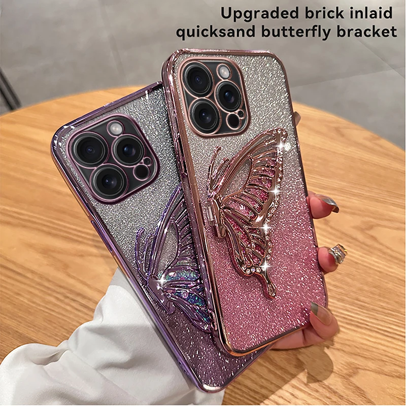 Liquid Sand Butterfly Phone Holder Glitter Case for iPhone 15 Pro Max 14 Plus XR 13 X XS 12 11 7 8 Plus Electroplated Cover Etui