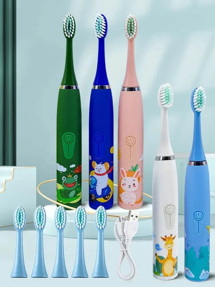 Kids Electric Toothbrush Set - 6 Baby Sonic Brush Heads, Teeth Whitening, Soft Bristles, Oral Hygiene