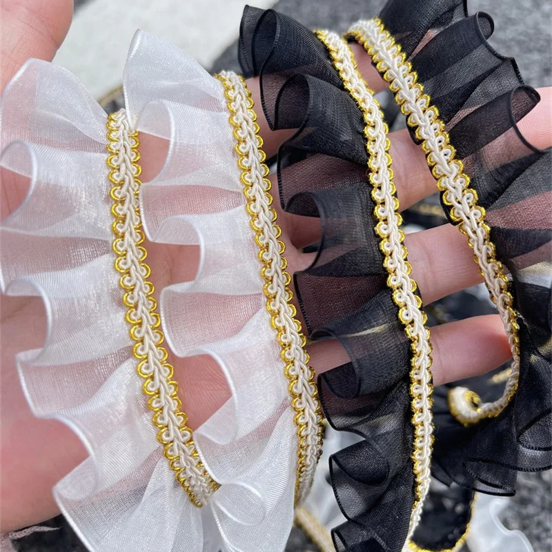 2024 Organza Pleated Gold Thread Ribbon George Lace DIY Baby Skirt Clothing Cuffs Collar Sewing Applique Bow Tie Accessories