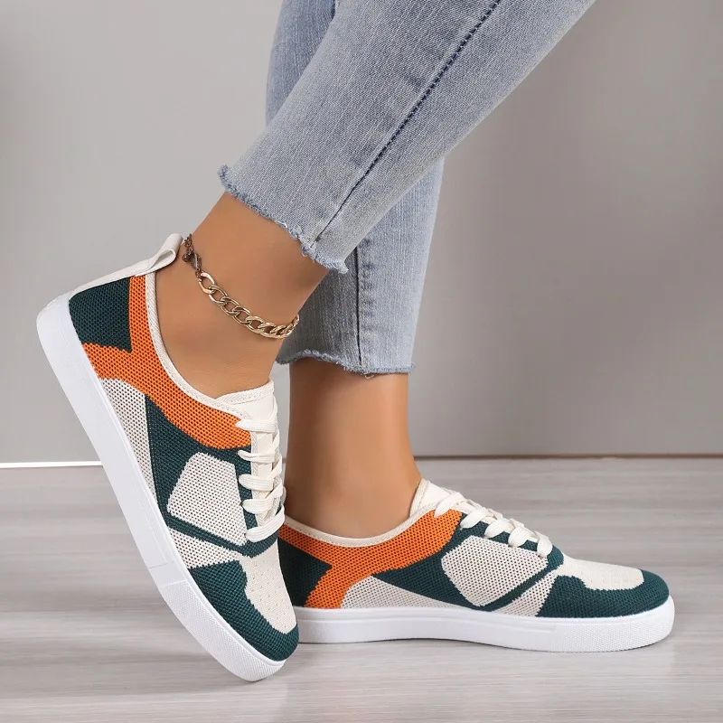 Women's Green & Orange Color Block Knit Sneakers - Breathable Mesh Lace-Up Casual Walking Shoes