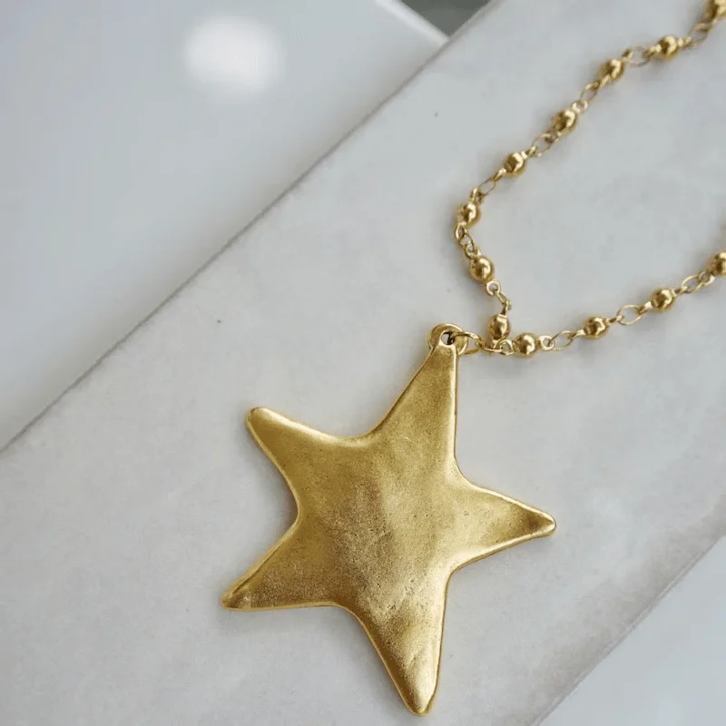 Vintage goldfarbene runde Perlenkette mit Stern-Anhänger, Damen-Halskette im böhmischen Stil, Urlaubsaccessoire, Geschenk