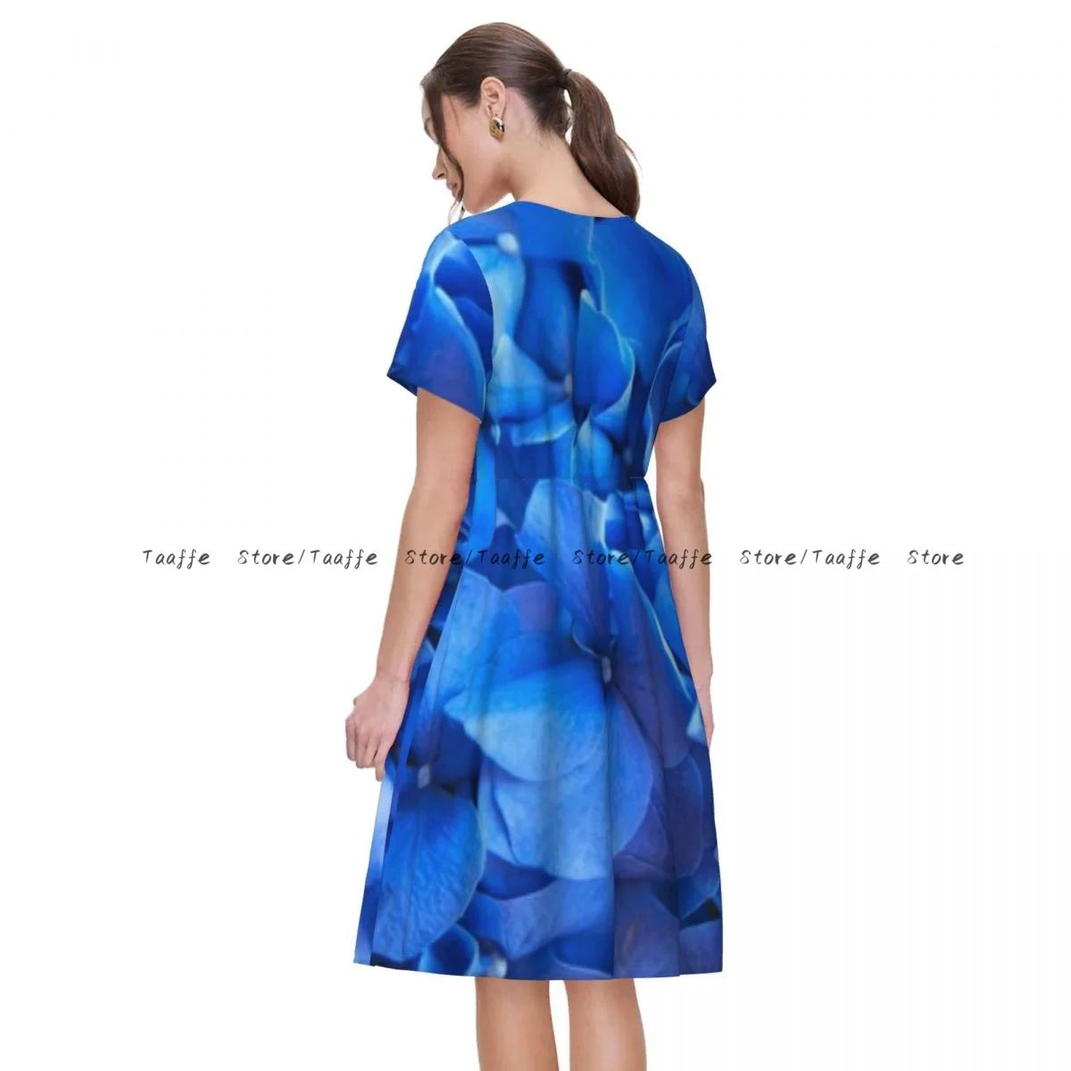 ผู้หญิงชุดลําลองหรูหราดอกไม้ไฮเดรนเยียสีฟ้าแขนสั้นชุดหลวมวันหยุดวันหยุดสุดสัปดาห์