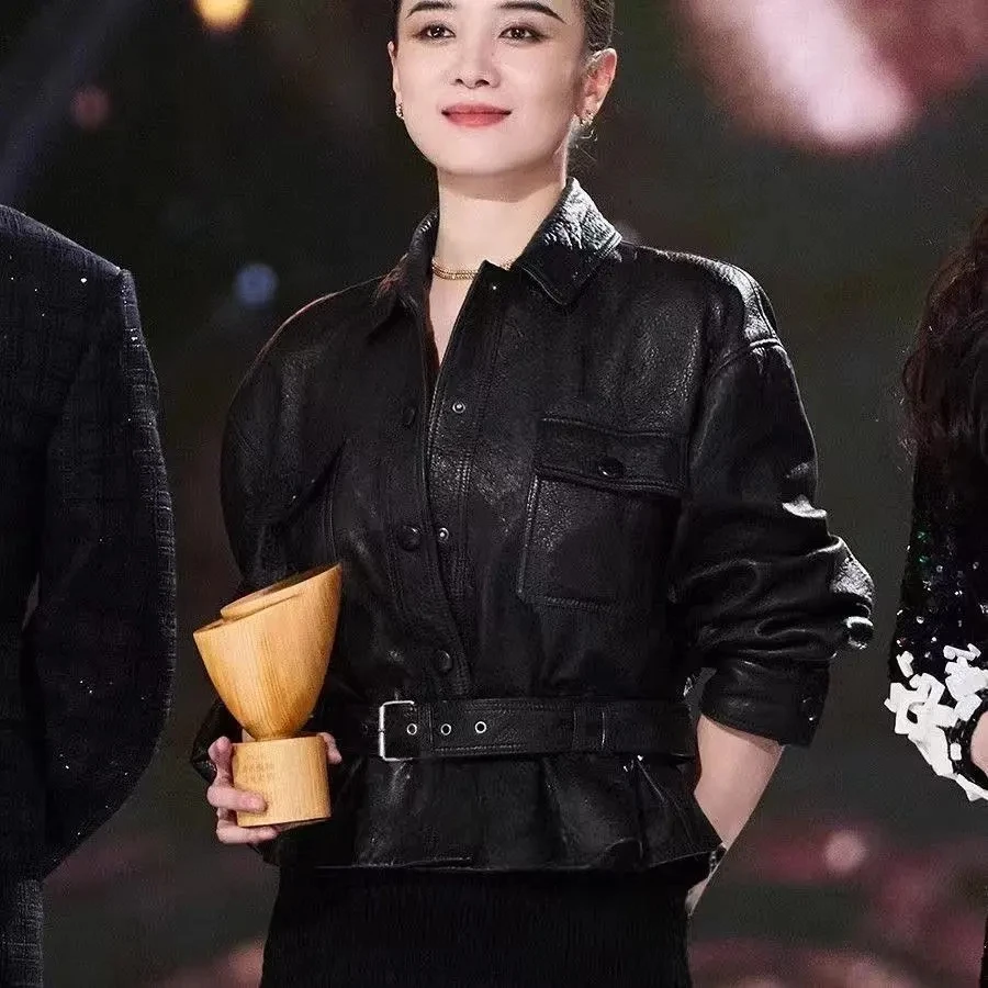 Song Jia's Haining Leather Jacket Women's 2025 Spring And Autumn Collection Belt short Style New Versatile Top Leather Jacket
