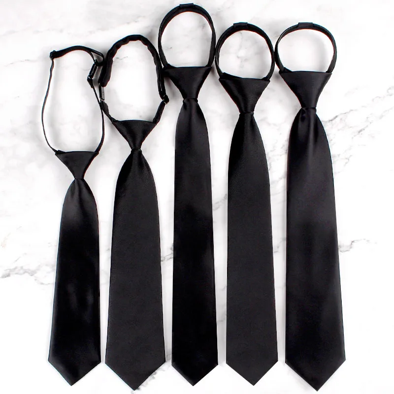 Long and short men's and women's pure black knot-free zipper lazy tie
