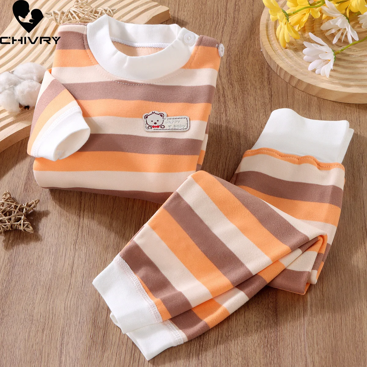 New 2023 Autumn Winter Kids Pajamas Baby Boys Girls Striped Thicken High Waist Warm Clothing Sets Toddler Pyjamas Sleepwear