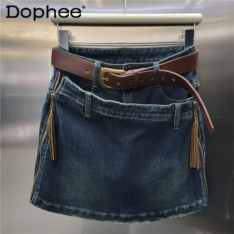 

Sexy Girl Zipper Tassel Design Sense A Line Hip Culottes Women 2024 Autumn New Temperament Denim Skirt Vintage Black Skirts