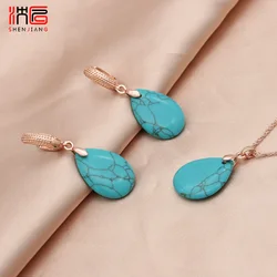 SHENJIANG New Vintage Water Drop Synthetic Turquoises Dangle Earrings Jewelry Sets For Women Wedding Pendant Necklace
