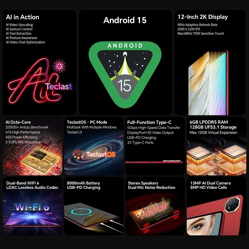 NUOVO Tablet Teclast T60 AI Allwinner A733 Octa-Core 12 pollici 2K HD TDDI Schermo 6GB RAM 128GB ROM Android 15 WiFi6 8000mAh 13MP + 5MP