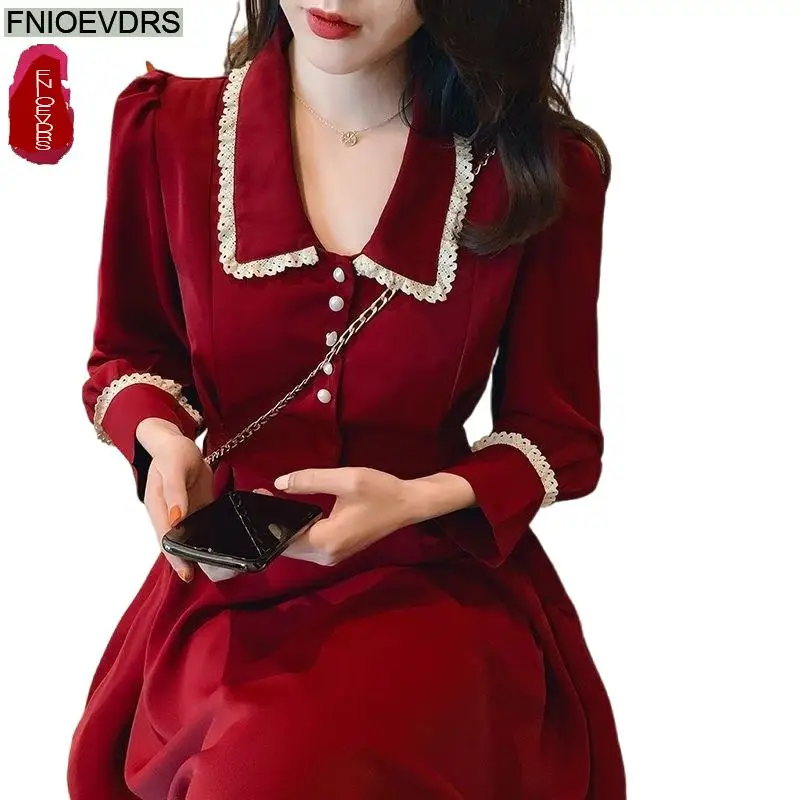 

S-XL Christmas Red Long Dresses Elegant Women Basic Wear Patchwork White Lace Button Shirt Dress