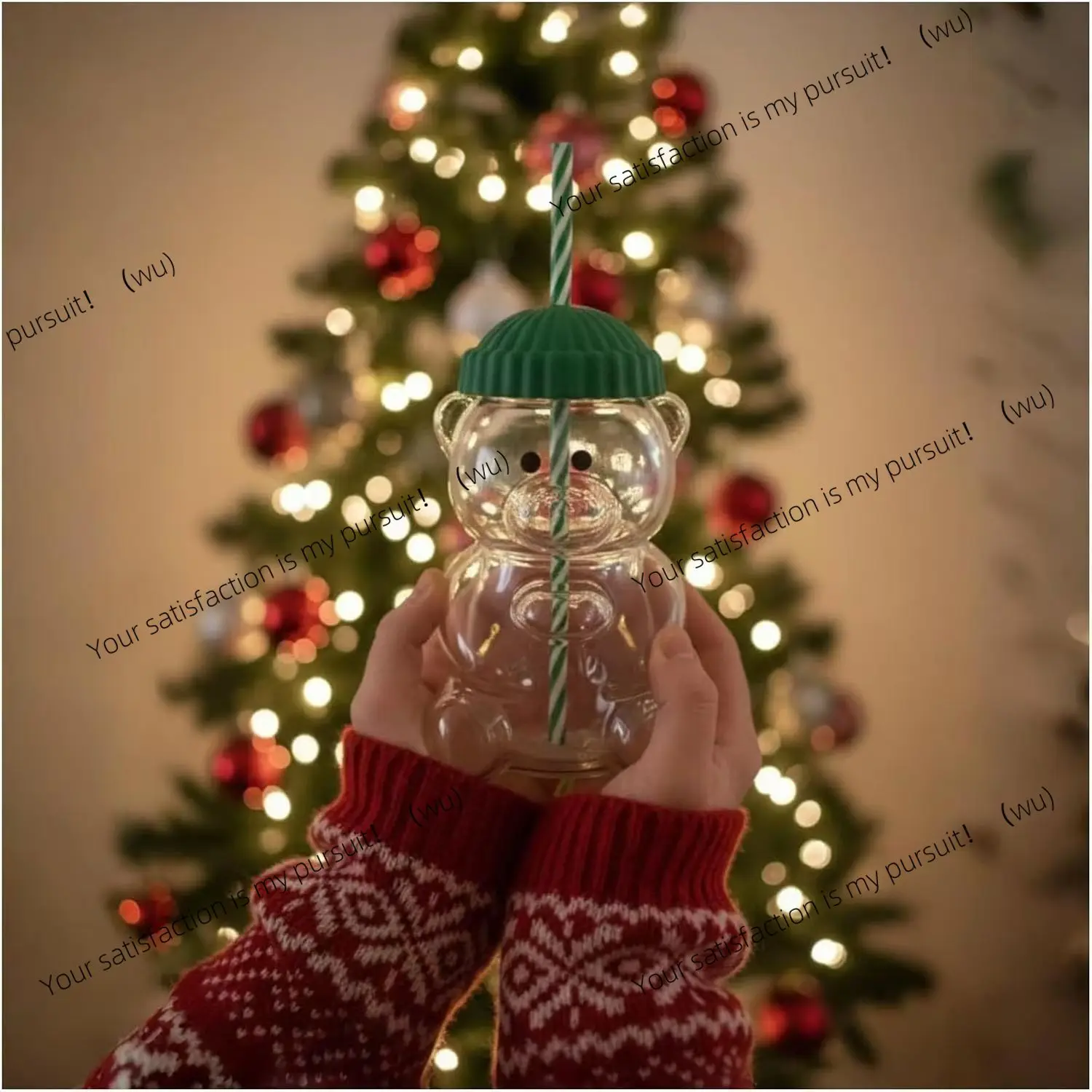 2025 New Transparent Bear Glass Bottle - Green Lid and Straw Cup Cute Animal Beverage Cup,Holiday gift, Christmas gift