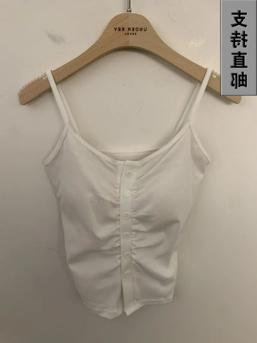 Summer 2026 Women's Folded Tied Chest Pad Base Tank Top Strap Style Buttoning Ladies Vest Regular Length Single Button