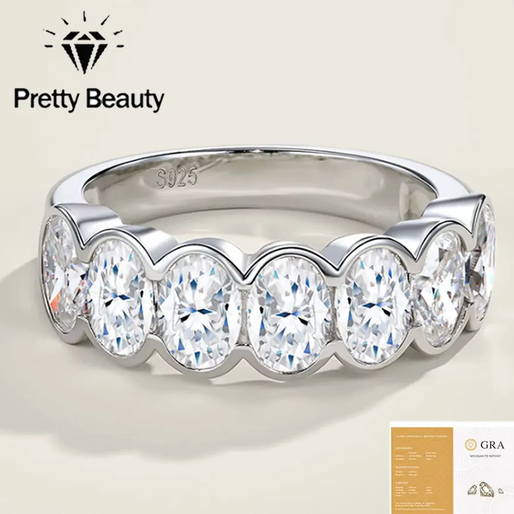 Belle bague demi-éternité en moissanite taille ovale Pretty Beauty, en argent 925, 3,5 carats, 7 pierres serties clos, alliance de mariage pour femme, bijoux