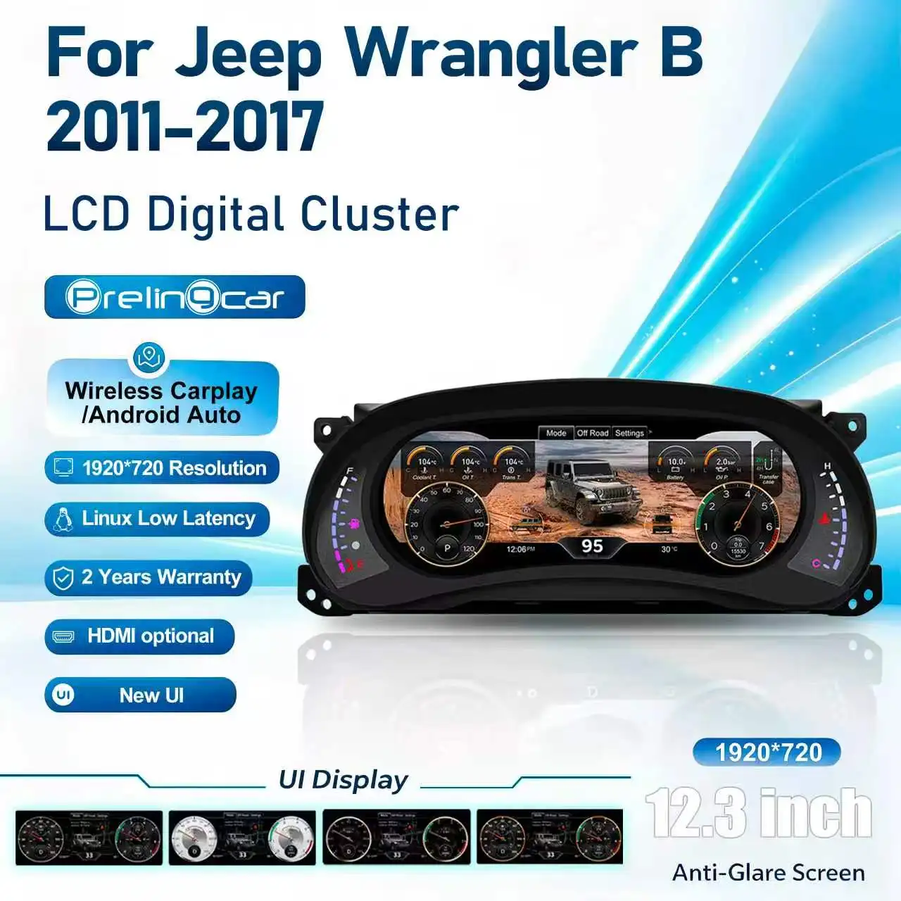 PRELINGCAR12.3 Inch Digital Speedometer Virtual Cockpit Dashboard for Jeep Wrangler B 2011-2017 Years Car Lcd Panel
