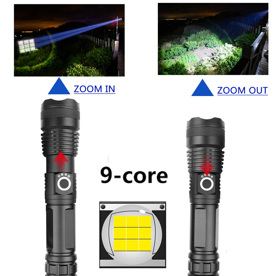 HPX180 Super Bright 9-core Usb Rechargeable Zoomable Torch Light Lantern 26650 Battery Powerful Led Flashlight