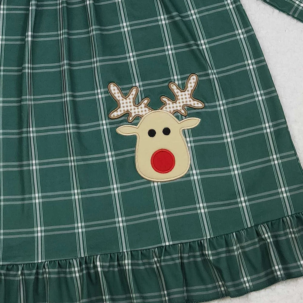 Camisón navideño a cuadros verdes hasta la rodilla para niñas, diseño de ciervo bordado, vestido de Navidad a cuadros para niñas