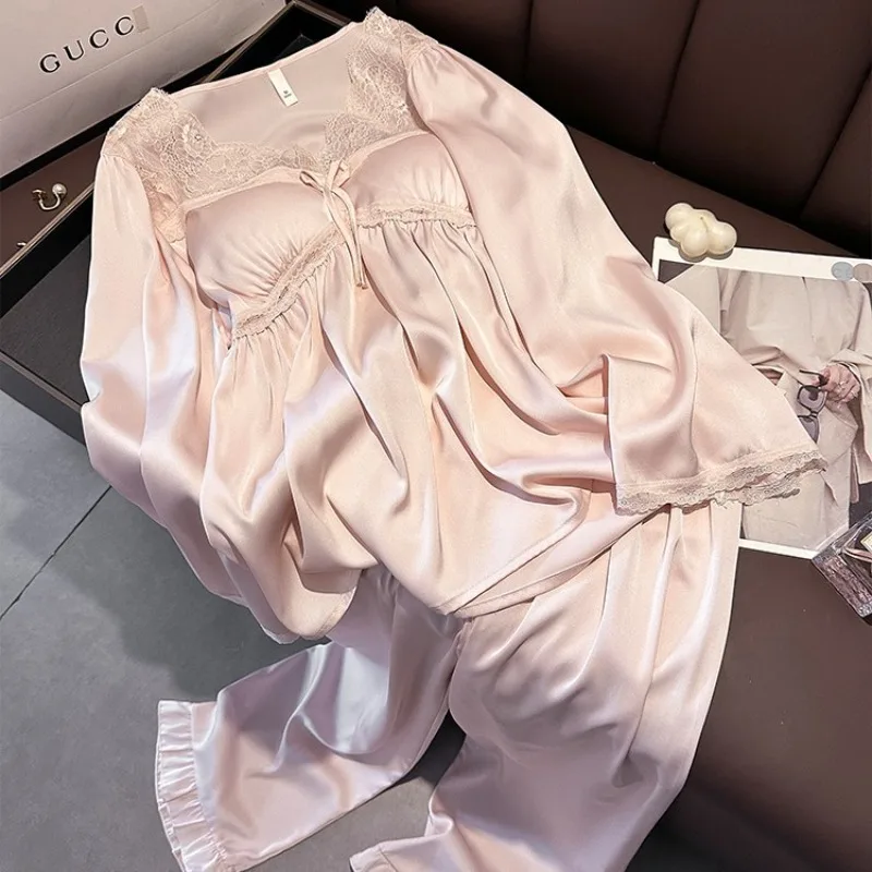 

Women's Long Sleeved Silk Pajama Set Solid Color Light Luxury Thin Trousers Home Comfort Cozy Soft Chest Pad 2 Piece Set XL