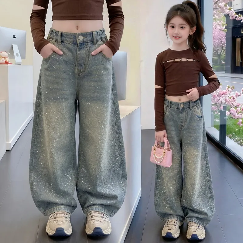 Girls' Starry Sky Rhinestone Wide Leg Jeans Kids Autumn Trendy Loose Straight Denim Pants Children's Spring Fashion Trousers