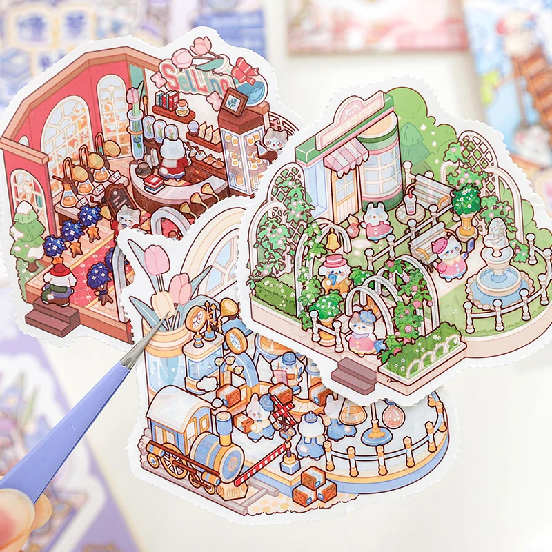 24Pcs/bag Zoo Small Group Meow Meow Adventure Series Scenery Sticker Book DIY Three-dimensional Scene Miniature Sticker Handbook