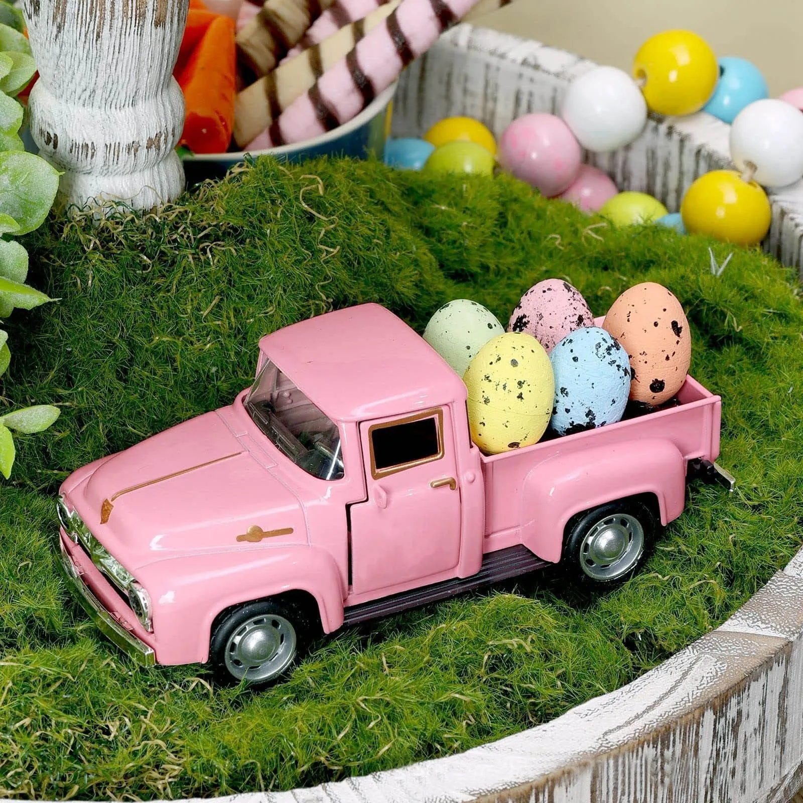 Easter Truck Metal Pink Vintage Farm Pickup Farmhouse Tabletop Tiered Tray Decor Home Kitchen Mantel Shelf Truck Decorations