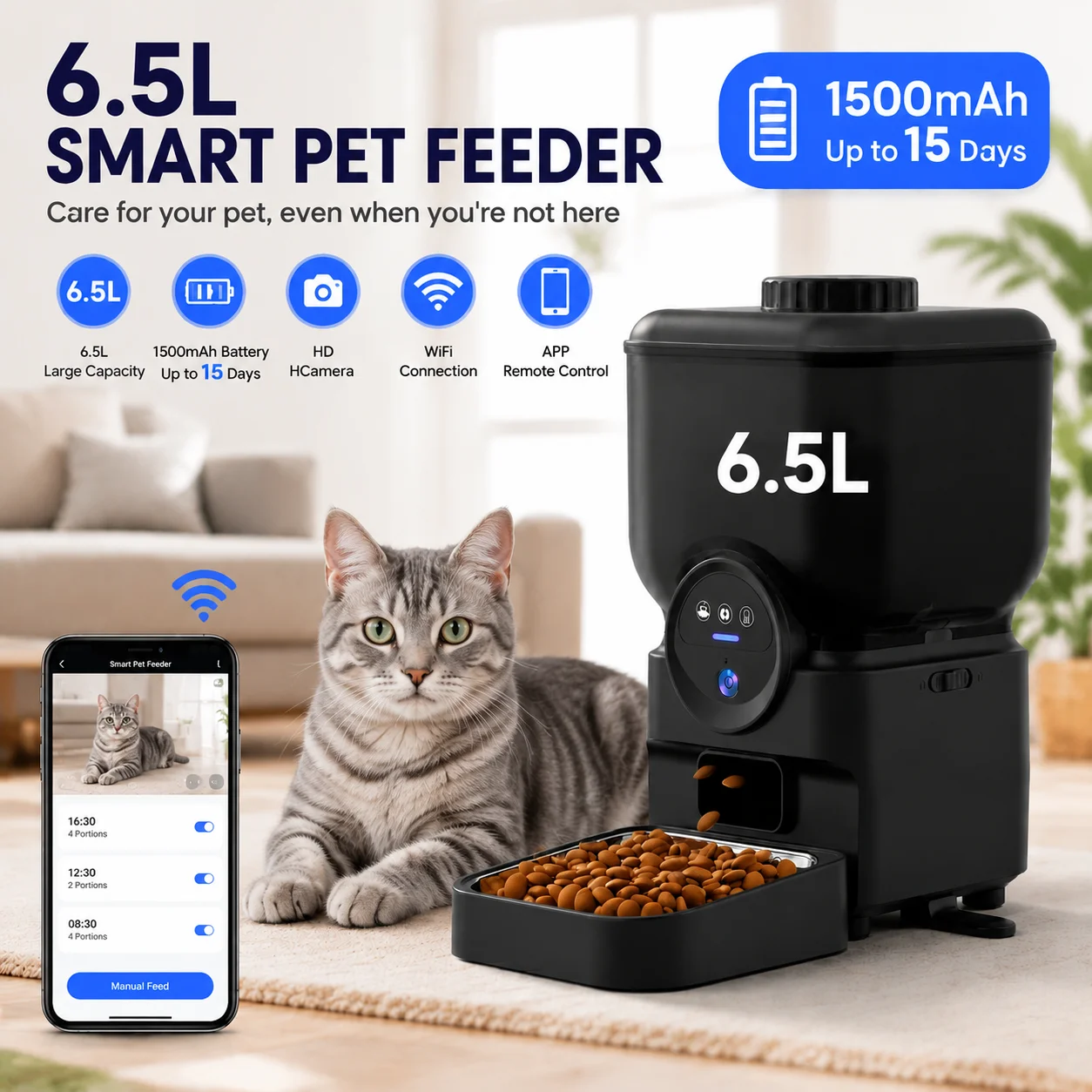 6,5L Automatischer Katzenfutterautomat Wiederaufladbarer WLAN-Smart-Futterautomat App-gesteuerter Katzenfutterautomat mit Kamera Eingebauter Akku Katzen- und Hundefutterautomat