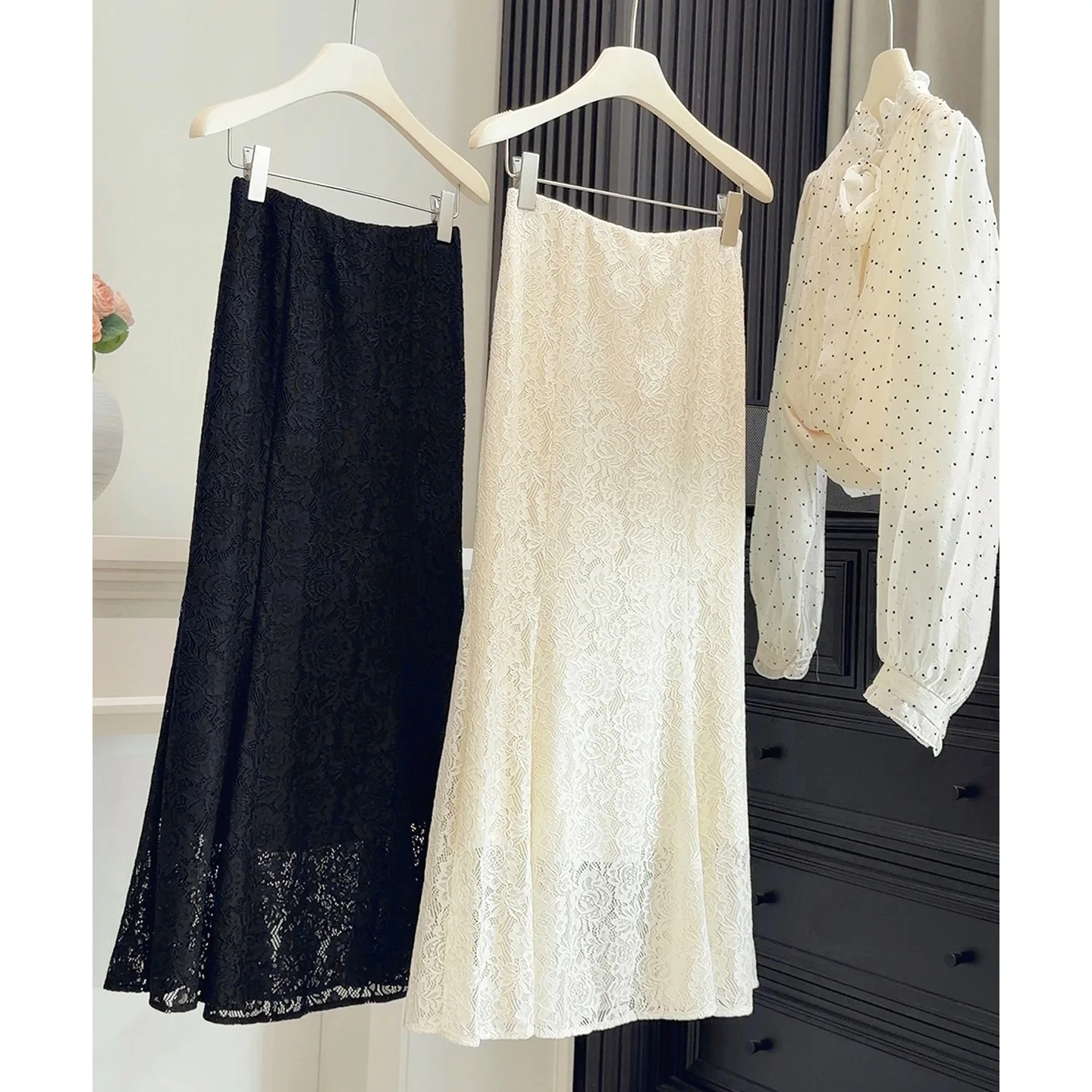 ALPHALMODA Hollow Lace, Fishtail Skirt, for Women 2026, New Style, High Waist, Slim Long Skirt,