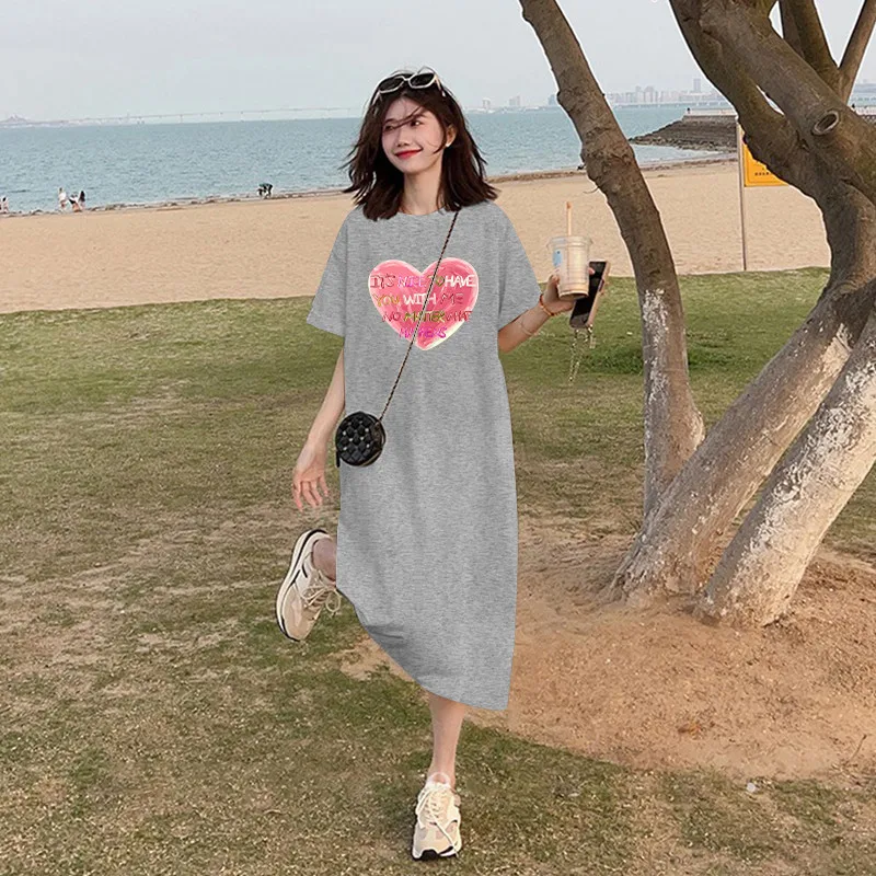 하트 프린트 한국 인스 스윗 스타일 여름 플러스 루즈 반팔 원피스