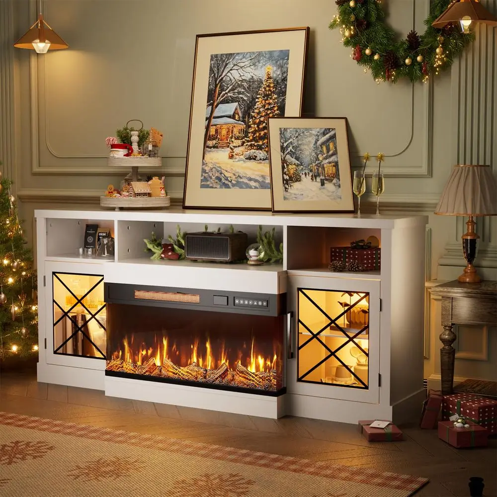 

65 Fireplace TV Stand, 3 Sided Glass Fireplace Entertainment Center for TVs up to 75 with Storage Cabinet, Glass Door, Adjustab