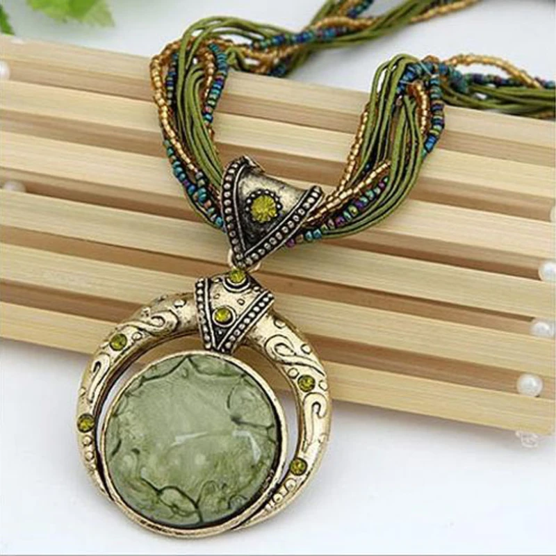 Hand-Made Beaded Bohemian Sweater Chain Women\'s Necklace Vintage Ethnic Natural Stone Round Necklaces Jewelry Accessories