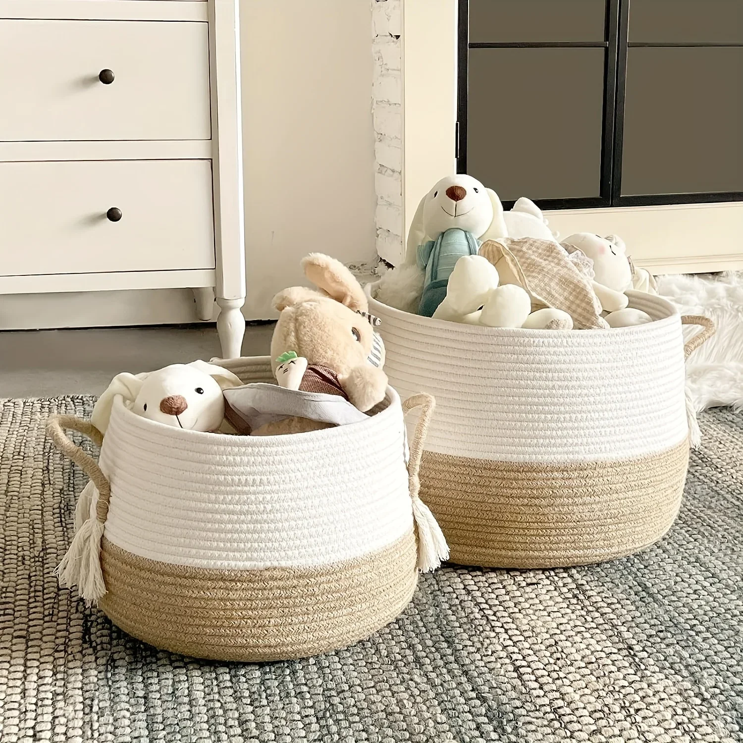 Hand-woven Household Baskets Home Storage Brown Tassel Handle Cotton Rope Storage Basket Toy Doll Organizer Laundry Container