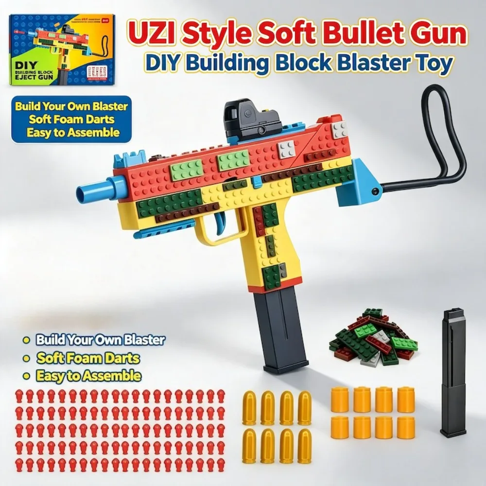 Image of UZI Baustein-Soft-Bullet-Spielzeugpistole mit automatischer Abfeuerung, Hülsenauswurf und Rückstoßfunktion für Outdoor-Schießspiele wie CS – Weihnachtsgeschenk