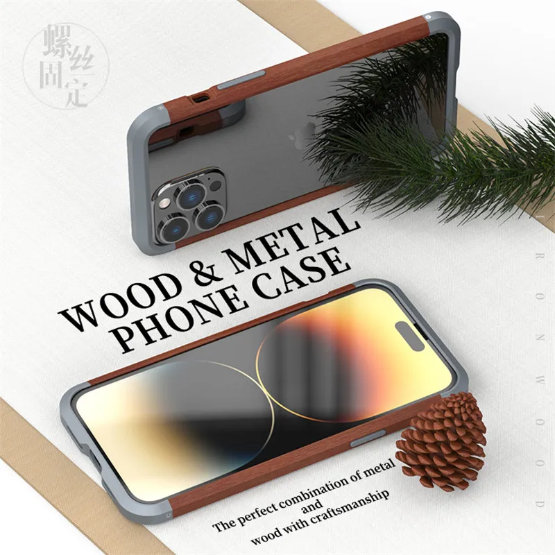 R-just Wood Metal Phone Case For Iphone 14 Pro Max Plus Luxury Aluminum Slim Natural Wood Bumper For Iphone14 Pro Max Pro Cover