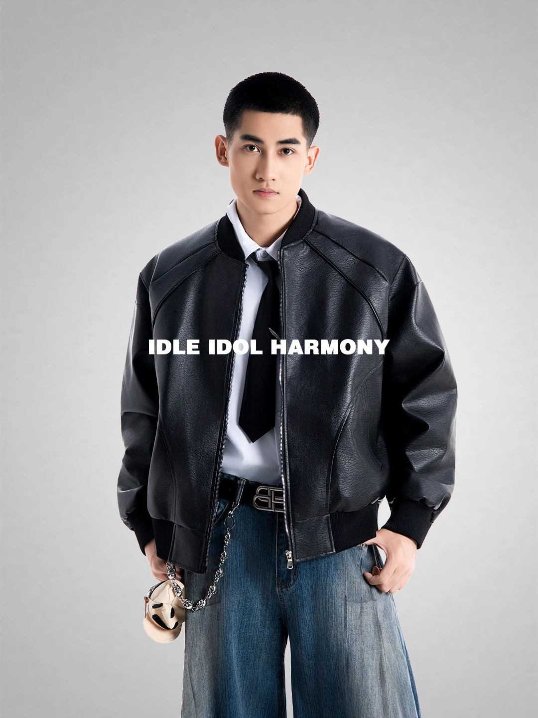 

Casual Loose Fit Windproof Pure Color Versatile American Retro Leather Jaet by Idle Idol for Young Men Ball Game Sle Zipp...
