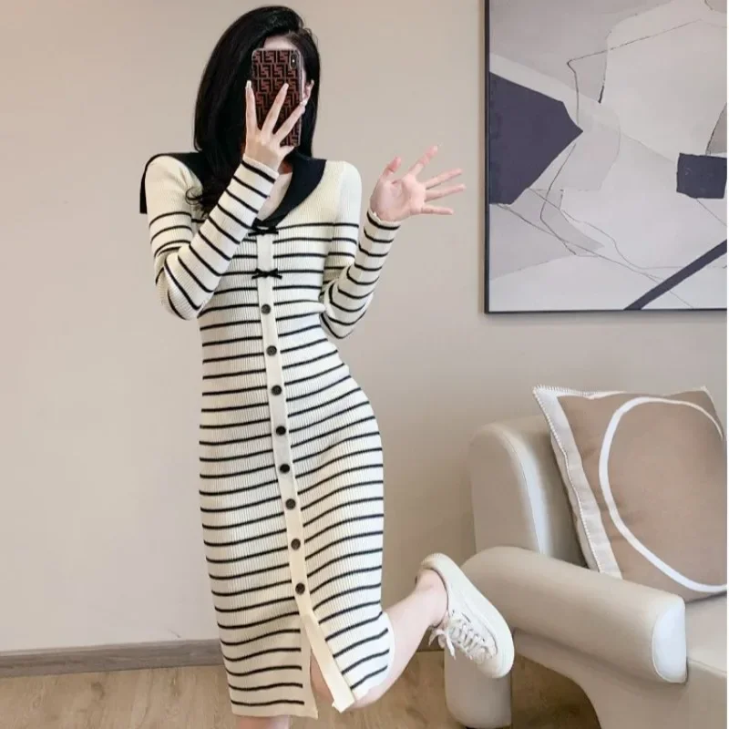 Striped Women\'s Crochet Dresses Bodycon Korean Style Female Knit Dress New Features of 2025 Fashion Retro Elegant and Beautiful