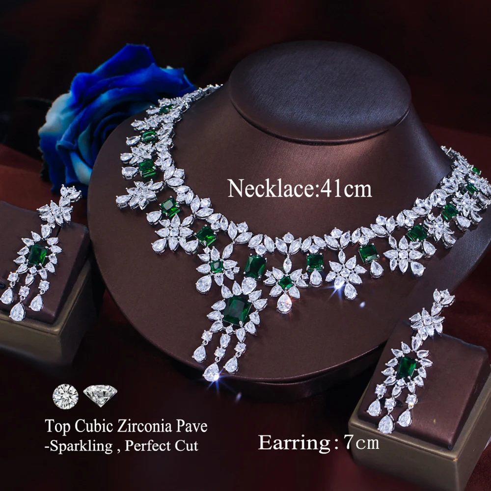 BeaQueen Luxury White Green CZ Crystal Flower Tassel Drop Long Earrings Necklace Sets for Women Wedding Decor Jewelry Gift JS434